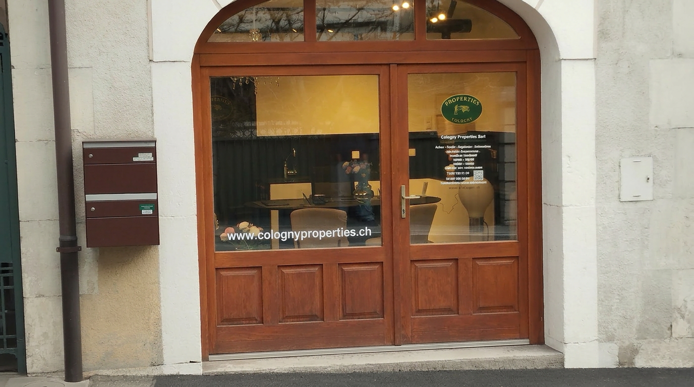 Vitrine de l'agence Cologny Properties au 18 route de la Capite, Cologny